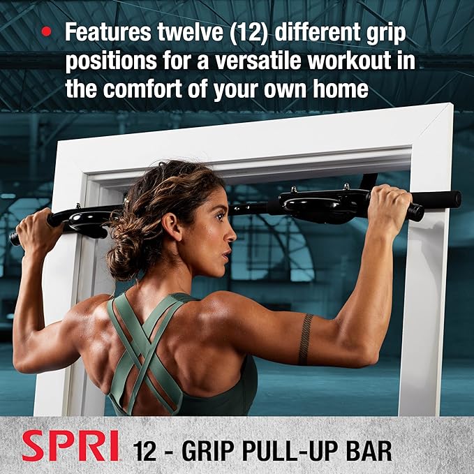 SPRI Pull Up Bar - 8-Grip and 12-Grip Door Frame Mounting Pull-Up Bar for Versatile Workouts - Rugged Steel Frame with Foam Handles - Supports 300 Pounds - Fits Door Frames Up to 32 in. Wide – Black