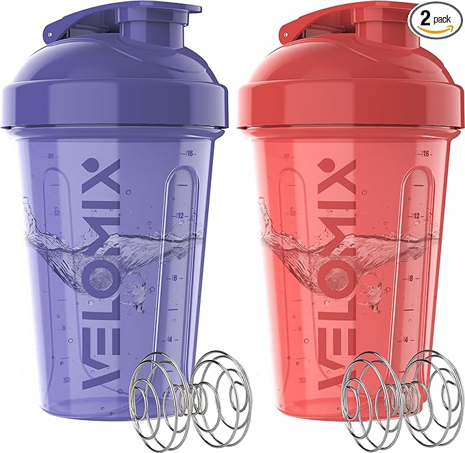 VELOMIX -2 Pack- 20 oz Protein Shaker Bottles for Protein Mixes - 2x Wire Whisk | Leak Proof Shaker Cups for Protein Shakes and Pre Workout | Protein Shaker Bottle Pack (Blush Storm)