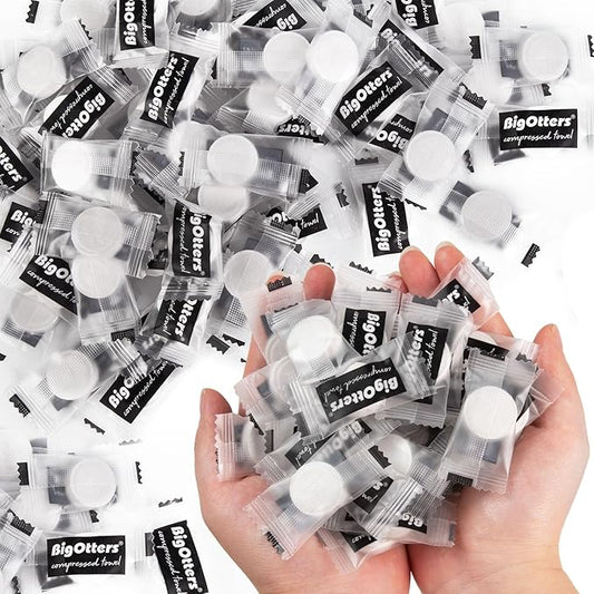 BigOtters 100PCS Compressed Towels, Disposable Face Towels for Travel Cleaning Supplies, Expandable Wipes Tablets Survival Gear and Supplies for Outdoors Camping Hiking Hotel