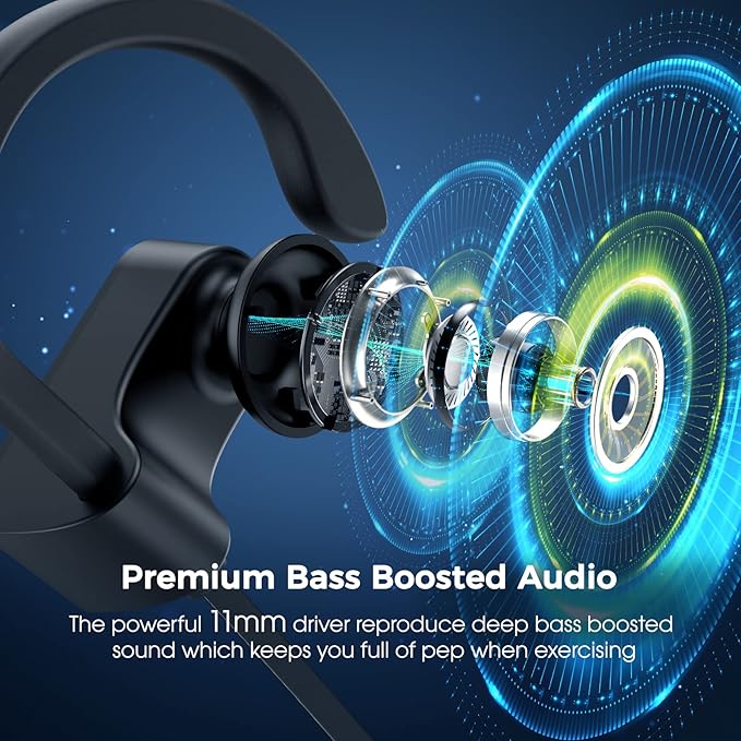 Bluetooth Headphones, Deep Bass Wireless Running Headphones w/16 Hrs Playtime, Bluetooth Earbuds in-Ear w/Earhooks, IPX7 Waterproof Sports Earphones with Microphone for Calls