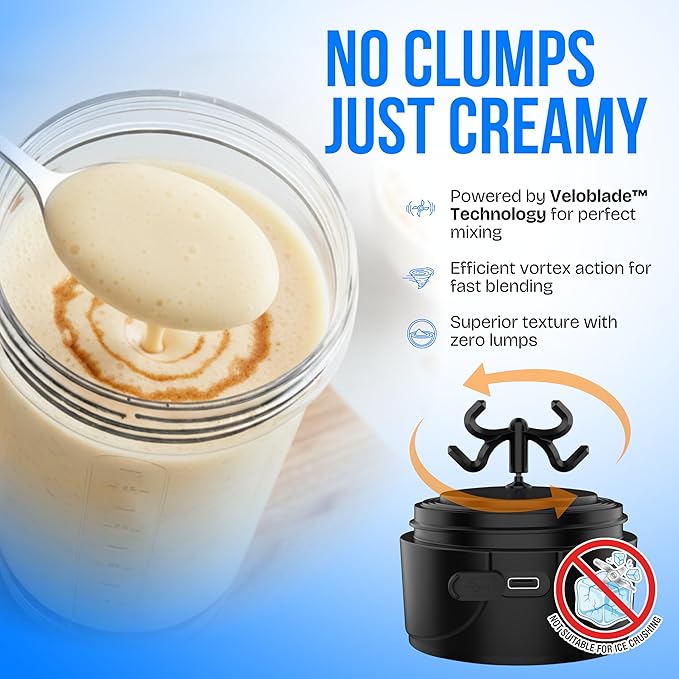 VELOMIX Electric Protein Shaker Bottle - 24 oz | USB-C Rechargeable | Leak Proof Shaker Cups for Protein Shakes | Portable Blender for Shakes and Smoothies (Electric-Transparent)
