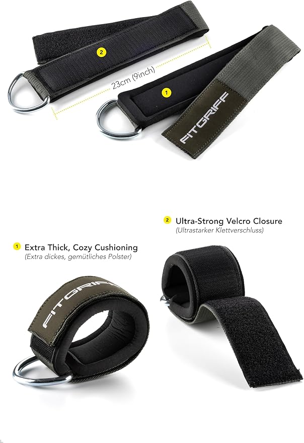 Fitgriff® Ankle Straps V2 for Cable Machine (2 Pieces) - Gym Workout Equipment - Leg Pulley Attachment, Kickback Straps