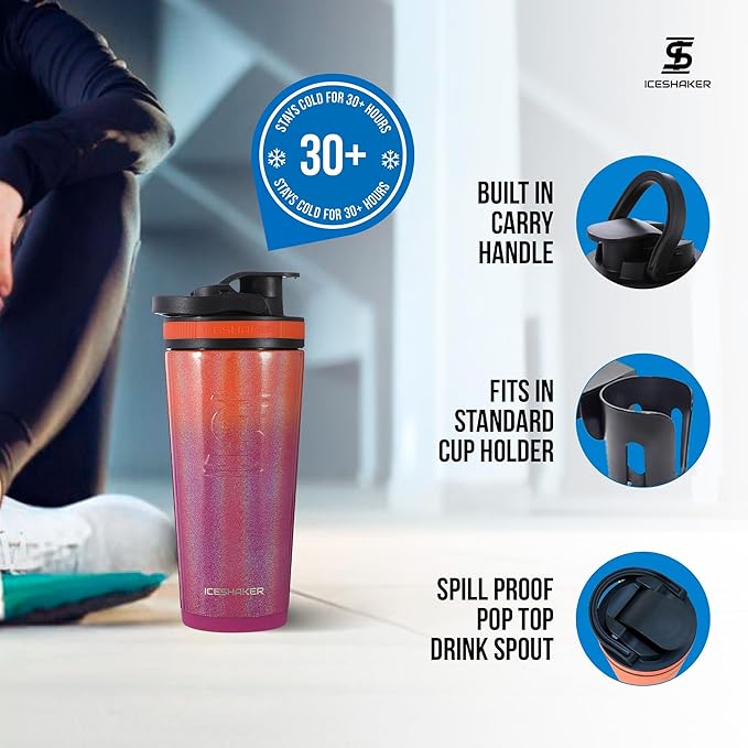 Ice Shaker Insulated Stainless Steel Shaker Bottle | 26oz, Summer | Cold for 30+ Hours | Insulated Cup with Twist-on Agitator | Odor-Free Bottle for Protein Shakes, Water, Smoothies, Cocktails