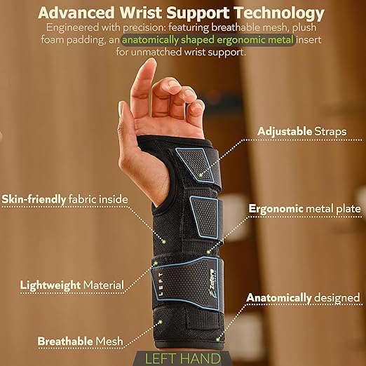 ZOFORE SPORT Premium Carpal Tunnel Wrist Brace Night Support – Wrist Brace for Carpal Tunnel with Metal Splint – Pain Relief for Men & Women - Left Hand - SM