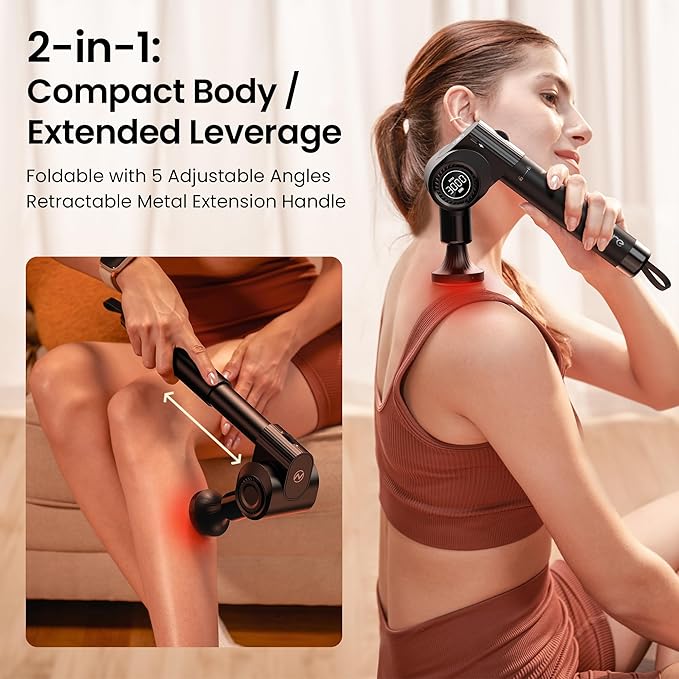NAPRE Massage Gun with Heat,Deep Tissue Handheld Percussion Back Massager for Muscle/Neck/Body Pain Relief with Long Extension Retractable Handle,32-Speeds,Foldable,5 Adjustable Angles,with Carry Case