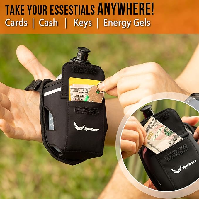 2-in-1 Running Fun – Handheld 12 Oz Water Bottle & Running Belt Add-On – No-Grip Design, Straps on Hand & Slides on Belt, Waterproof Pocket for Money, Keys, Gels – Maximize Time, Freedom & Health