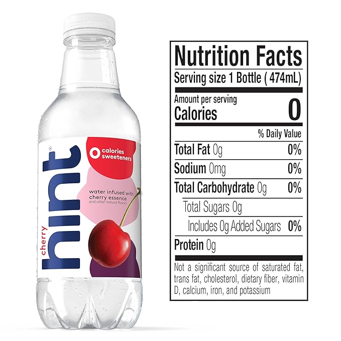 Hint Fruit-Infused Bottled Water, Cherry - Sugar Free Flavored Water with Zero Calories, Naturally Flavored, and No Artificial Sweeteners - 16 Fl Oz (Pack of 24)