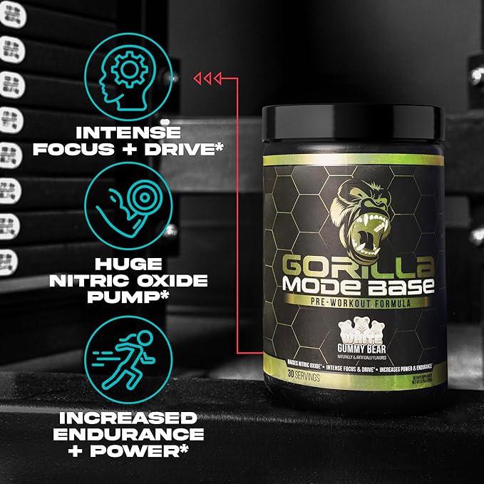 Gorilla Mind Base Pre Workout - Raises Nitric Oxide Intense Focus & Drive Endurance Power - L-Citrulline, L-Tyrosine, Betaine, Alpha-GPC, Caffeine, Huperzine A - 360 Grams (White Gummy Bear)