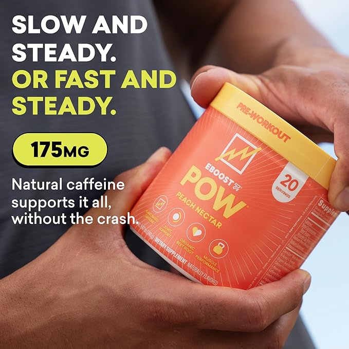 EBOOST POW Natural Pre Workout Powder - 20 Servings, Peach Nectar - Preworkout Energy Booster Gym Supplement Drink Mix for Men and Women - Performance, Joint Mobility Support - Gluten-Free