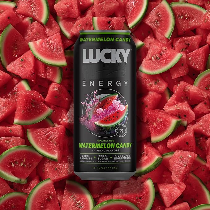 Lucky Energy Sugar Free Energy Drinks, Watermelon Candy, 16oz Cans (12-Pack) Healthy, Zero Sugar Energy Drink with Maca, Ginseng, Beta-Alanine, Taurine & 200mg Caffeine
