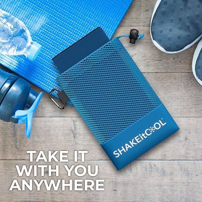 SHAKEitCOOL Extended Size Cooling Towel โ Be Cool in Style - Heat Relief, Soft, Lightweight, Sun Protection, Easy Clean - Perfect for Biking, Hiking, Running, Yoga, Golf, Gardening - Blue M