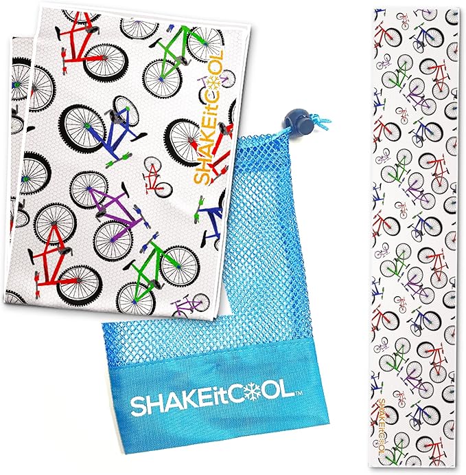 SHAKEitCOOL Original Cooling Towel โ Be Cool in Style - Heat Relief, Soft, Lightweight, Sun Protection, Easy Clean - Perfect for Biking, Running, Yoga, Gym, Gardening - Kid Bike