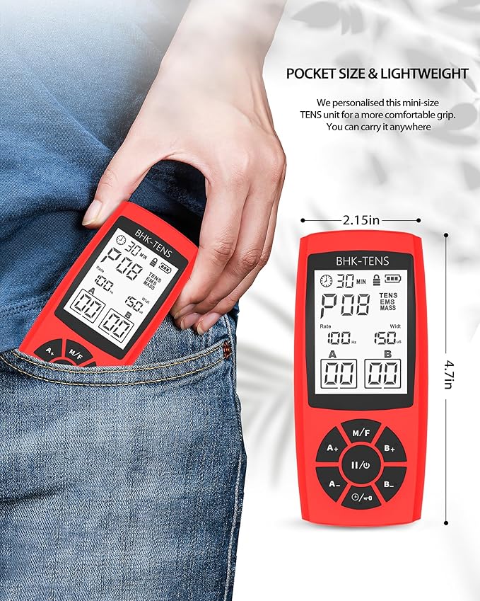 Rechargeable TENS Unit Machine for Pain Relief Therapy, Electronic EMS Muscle Stimulator for Shoulder Pain Relief, TENS&EMS Stimulator for Back Pain, Shoulder Neck Pain Relief, Sciatica Pain, red