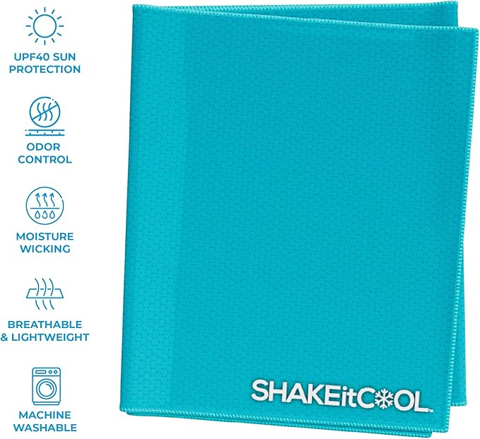 SHAKEitCOOL Extended Size Cooling Towel โ Be Cool in Style - Heat Relief, Soft, Lightweight, Sun Protection, Easy Clean - Perfect for Biking, Hiking, Running, Yoga, Golf, Gardening - Teal M