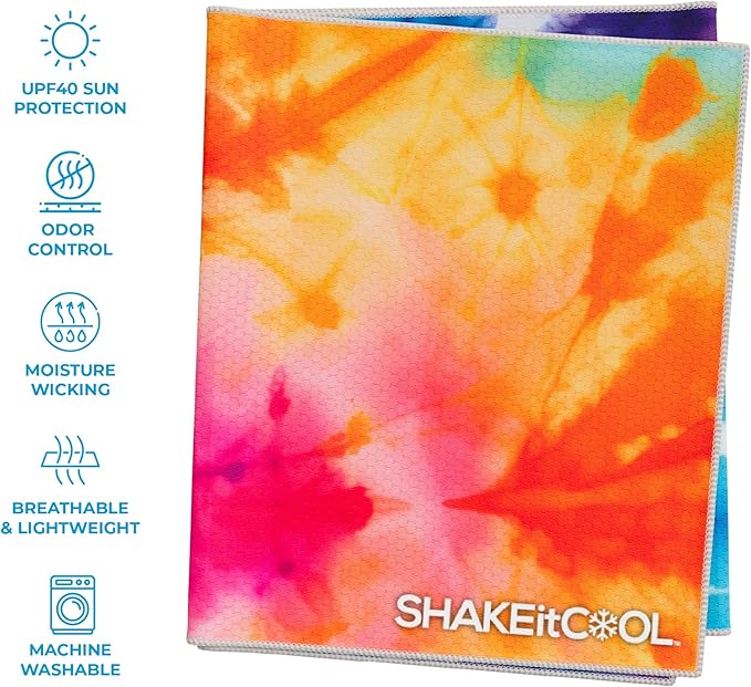 SHAKEitCOOL Extended Size Cooling Towel โ Be Cool in Style - Heat Relief, Soft, Lightweight, Sun Protection, Easy Clean - Perfect for Biking, Hiking, Running, Yoga, Golf, Gardening - Tie Dye Ring M