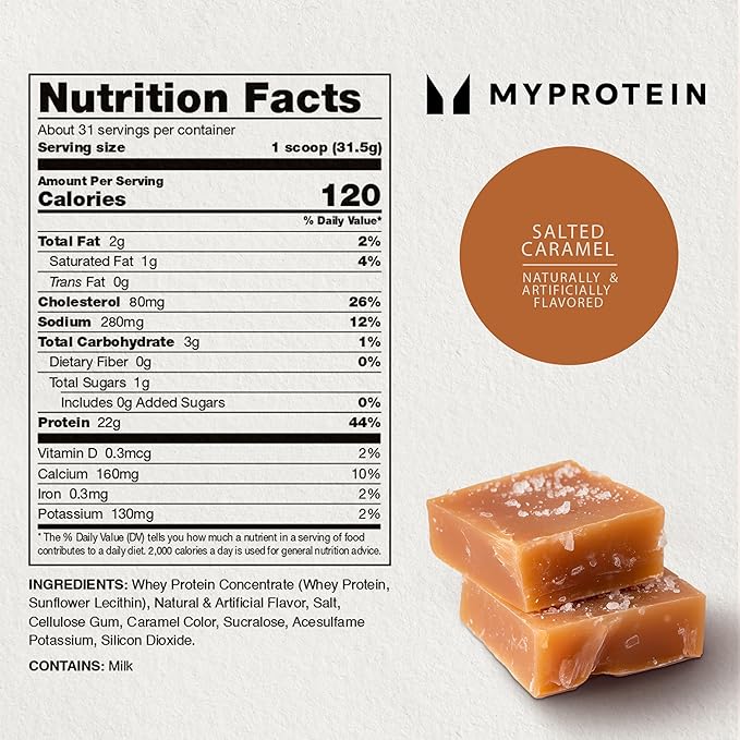 Myprotein Impact Whey Protein Powder, 2.2 Lbs (31 Servings) Salted Caramel, 22g Protein & 5g BCAA Per Serving, Protein Shake for Superior Performance, Muscle Strength & Recovery, Gluten Free