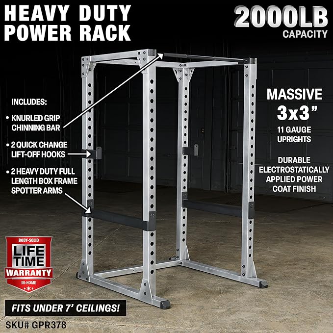 Body-Solid (GPR378 Power Rack - Heavy-Duty Steel Squat Cage with Adjustable Safety Bars and Chin-Up Bar for Home and Light Commercial Gym