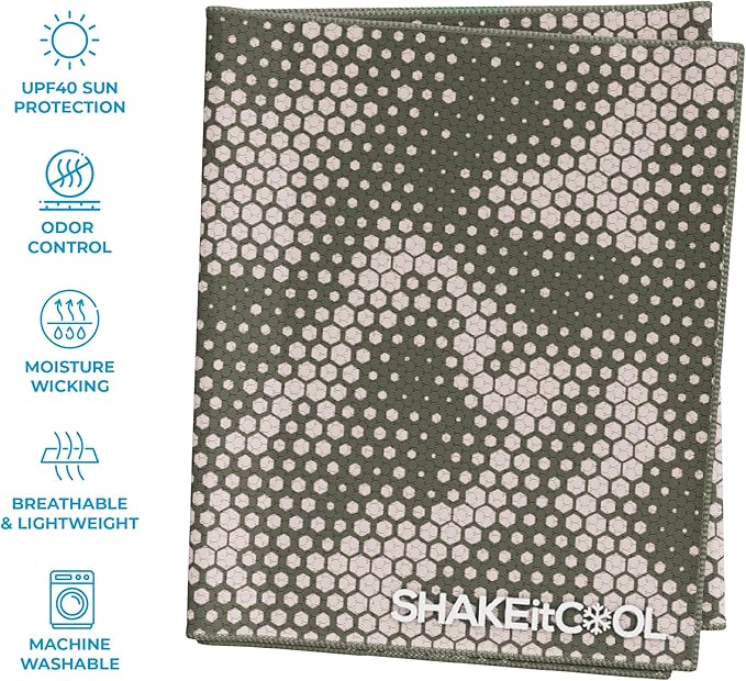 SHAKEitCOOL Extended Size Cooling Towel โ Be Cool in Style - Heat Relief, Soft, Lightweight, Sun Protection, Easy Clean - Perfect for Biking, Hiking, Running, Yoga, Golf, Gardening - Green Camo M