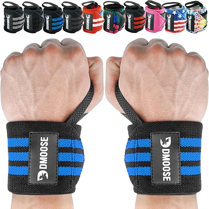 DMoose Fitness Wrist Wraps for Weightlifting 18" - Heavy Duty Gym Wrap with Hand Thumb Loop for Support & Pain Relief, USPA Approved Powerlifting, Weight Lifting Wrist Straps for Men & Women Work Out