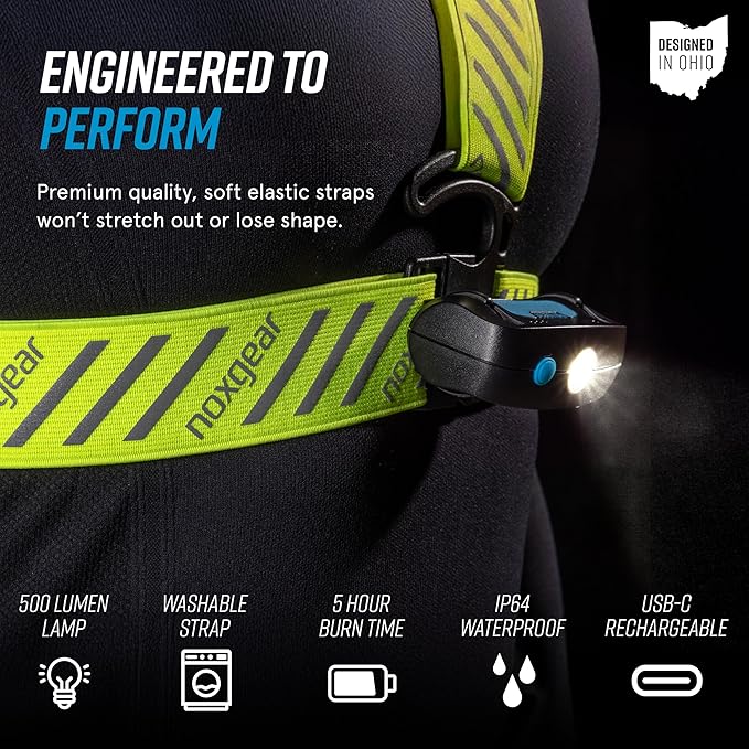 noxgear Ranger Chest Light - Super Bright 500 Lumen Reflective Running Vest, USB-C Rechargeable, Adjustable Fit, Waterproof Running Light with Detachable Flashlight, 5 Hour Burn Time