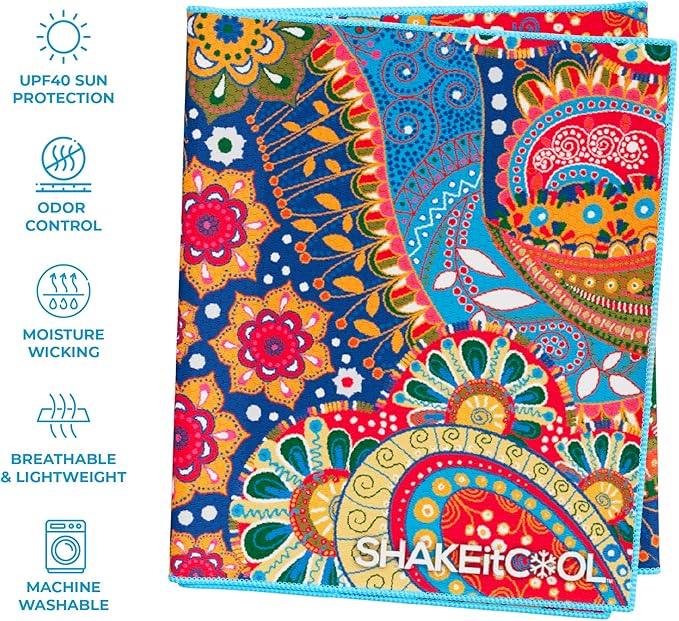 SHAKEitCOOL Extended Size Cooling Towel โ Be Cool in Style - Heat Relief, Soft, Lightweight, Sun Protection, Easy Clean - Perfect for Biking, Hiking, Running, Yoga, Golf, Gardening - Bright Paisley M
