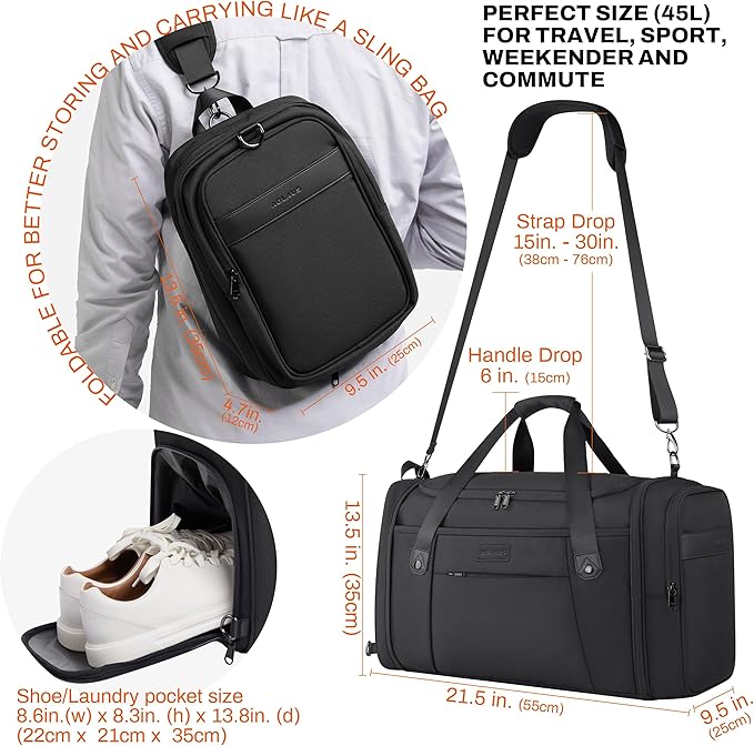 Tourenne 45L Travel Duffel Bag Foldable Weekender Sport Gym Duffle Carry On Luggage with shoe compartment wear/tear resistant water repellent 1680D Ballistic polyester - Black