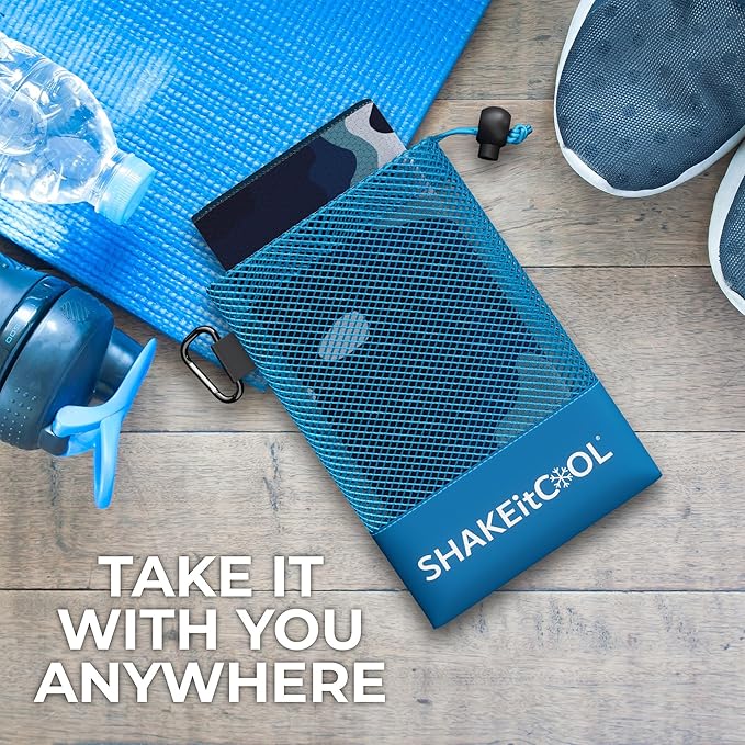 SHAKEitCOOL Extended Size Cooling Towel โ Be Cool in Style - Heat Relief, Soft, Lightweight, Sun Protection, Easy Clean - Perfect for Biking, Hiking, Running, Yoga, Golf, Gardening - Blue Ocean M