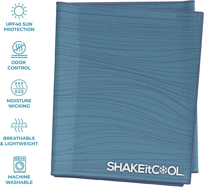 SHAKEitCOOL Extended Size Cooling Towel โ Be Cool in Style - Heat Relief, Soft, Lightweight, Sun Protection, Easy Clean - Perfect for Biking, Hiking, Running, Yoga, Golf, Gardening - Steel Wave M