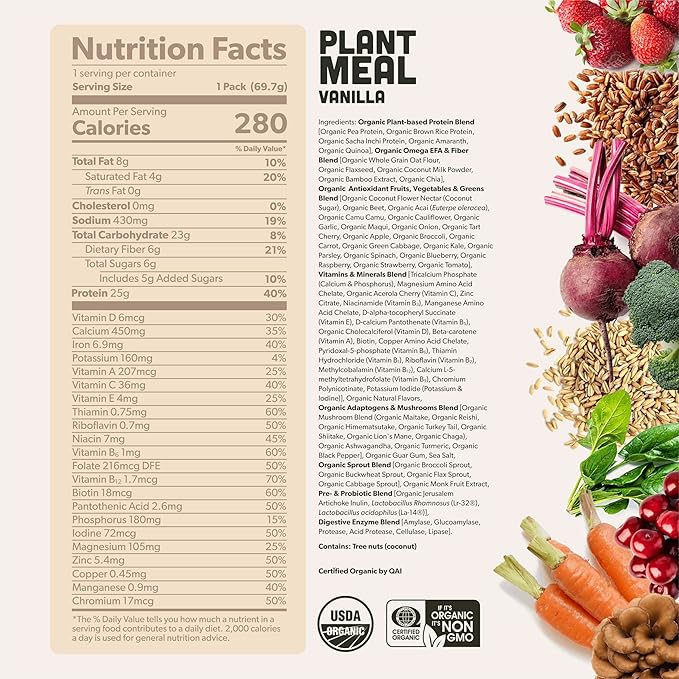 Plant Meal Replacement Shake - Vanilla - 25g of Plant Based Vegan Protein Powder, 76+ Organic Superfoods, Vitamins & Minerals, Mushrooms, Super Greens, Digestive Enzymes & Probiotics - 1 Serving