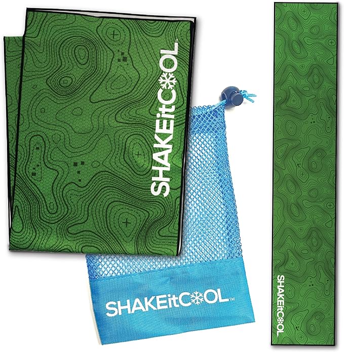 SHAKEitCOOL Original Cooling Towel โ Be Cool in Style - Heat Relief, Soft, Lightweight, Sun Protection, Easy Clean - Perfect for Biking, Running, Yoga, Gym, Gardening - Green Topo