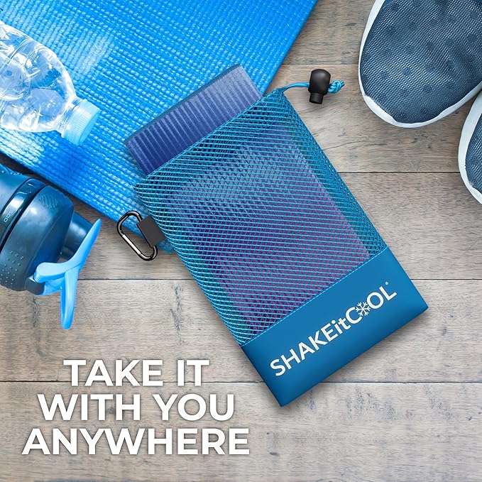 SHAKEitCOOL Extended Size Cooling Towel โ Be Cool in Style - Heat Relief, Soft, Lightweight, Sun Protection, Easy Clean - Perfect for Biking, Hiking, Running, Yoga, Golf - Blue Purple Wave M
