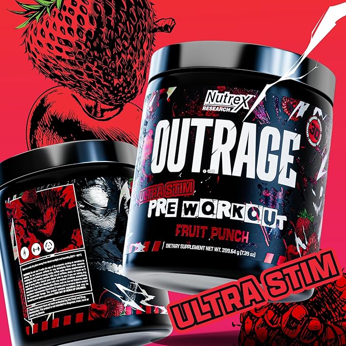 Outrage Ultra HIGH STIM Pre-Workout Powder for Men Fruit Punch | 400mg Caffeine, L-Citrulline, Beta-Alanine, Creatine | Extreme Energy, Focus, Strength & Endurance | 30 Servings
