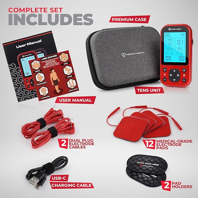 TENS Unit Muscle Stimulator Pro for Back Pain Relief, Shoulder Recovery and Physical Therapy, Electronic EMS Massager Machine with PMS Pulse for Effective Shock Therapy, Red
