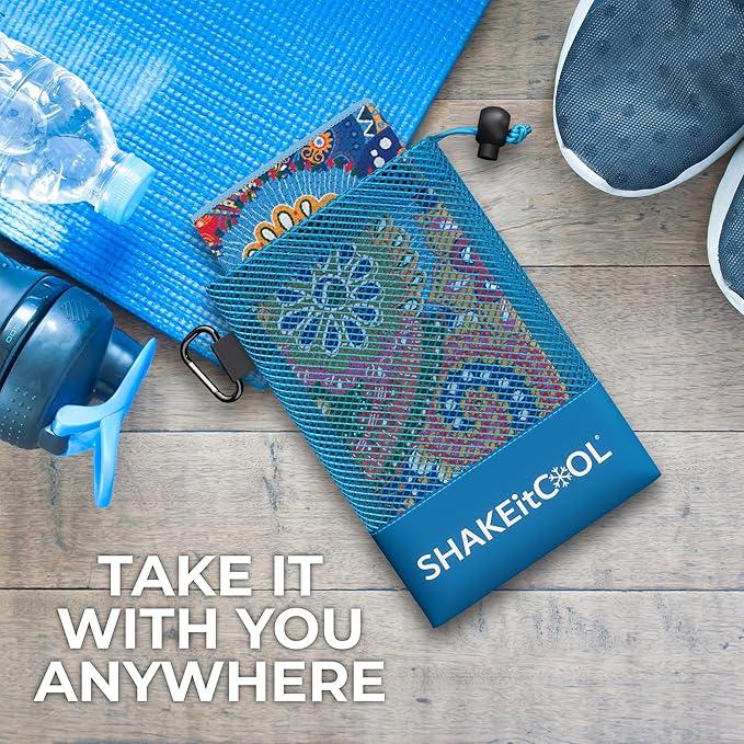 SHAKEitCOOL Extended Size Cooling Towel โ Be Cool in Style - Heat Relief, Soft, Lightweight, Sun Protection, Easy Clean - Perfect for Biking, Hiking, Running, Yoga, Golf, Gardening - Bright Paisley M