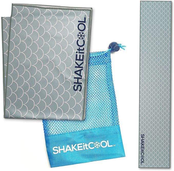 SHAKEitCOOL Original Cooling Towel โ Be Cool in Style - Heat Relief, Soft, Lightweight, Sun Protection, Easy Clean - Perfect for Biking, Running, Yoga, Gym, Gardening - Green Scale
