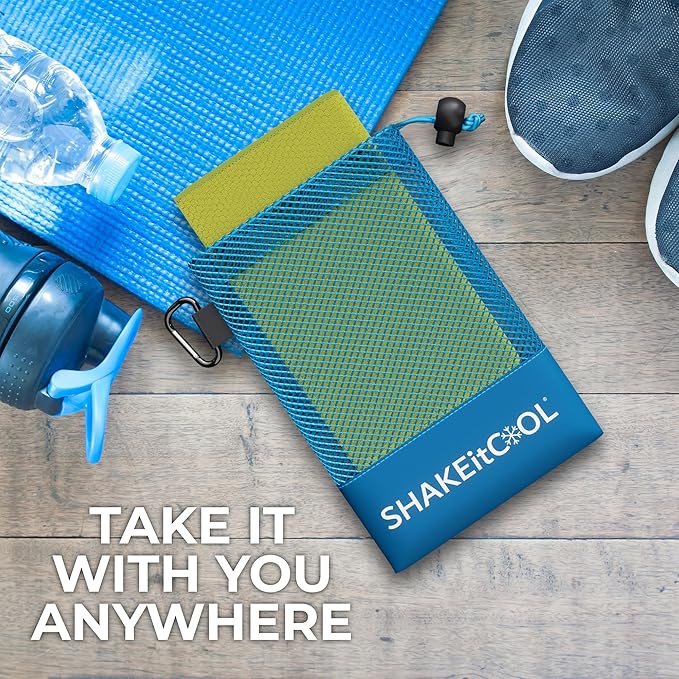 SHAKEitCOOL Extended Size Cooling Towel โ Be Cool in Style - Heat Relief, Soft, Lightweight, Sun Protection, Easy Clean - Perfect for Biking, Hiking, Running, Yoga, Golf, Gardening - Safety Yellow M
