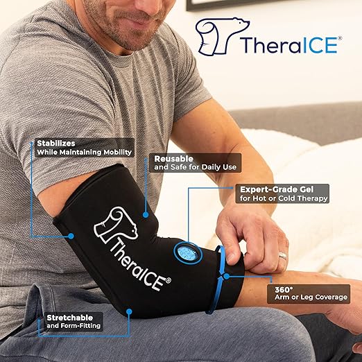TheraICE Elbow Ice Pack Compression Sleeve for Injuries, Reusable Gel Cold Packs Brace, Shin Splints, Calf Strain, Flexible Cold Wrap Recovery for Tennis Elbow, Tendinitis Pain Relief (S)