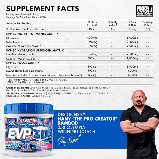 Evogen EVP 3D - Stim Free Pre Workout Powder for Men & Women | Sugar Free Non Stim Preworkout with Beta Alanine and Creatine for Energy & Pump | Sour Candy | 40 Servings