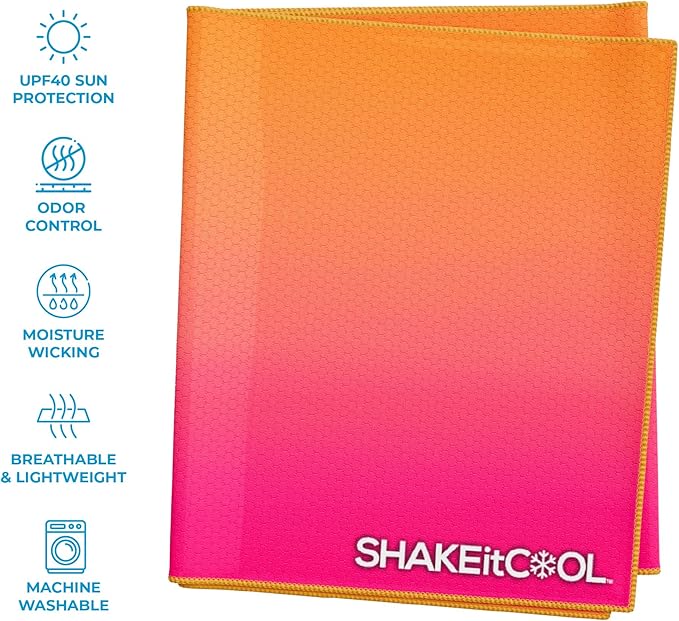 SHAKEitCOOL Extended Size Cooling Towel โ Be Cool in Style - Heat Relief, Soft, Lightweight, Sun Protection, Easy Clean - Perfect for Biking, Hiking, Running, Yoga, Golf - Pink Orange Ombre M