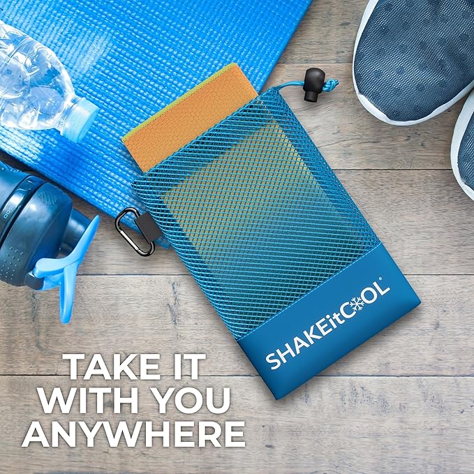 SHAKEitCOOL Extended Size Cooling Towel โ Be Cool in Style - Heat Relief, Soft, Lightweight, Sun Protection, Easy Clean - Perfect for Biking, Hiking, Running, Yoga, Golf - Orange Blue Ombre M