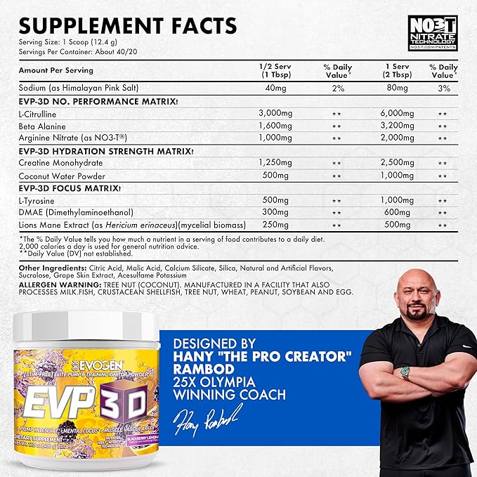 Evogen EVP-3D | Extreme Pre-Workout Pump Ignitor, Arginine Nitrate, Citrulline, Beta-Alanine, Lions Mane | BlackBerry Lemonade | 40 Servings