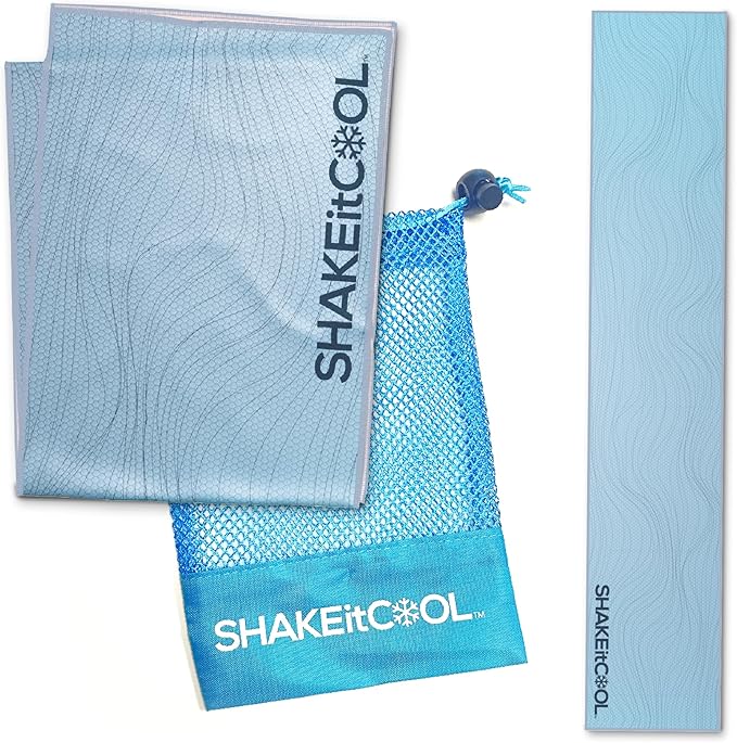 SHAKEitCOOL Original Cooling Towel โ Be Cool in Style - Heat Relief, Soft, Lightweight, Sun Protection, Easy Clean - Perfect for Biking, Running, Yoga, Gym, Gardening - Blue Wave