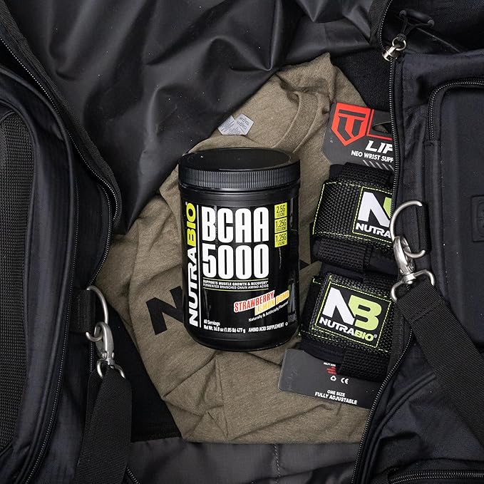 NutraBio BCAA 5000 Powder - Vegan Fermented BCAAs - Supports Lean Muscle Growth, Recovery, Endurance - 60 Servings - Strawberry Lemon Bomb