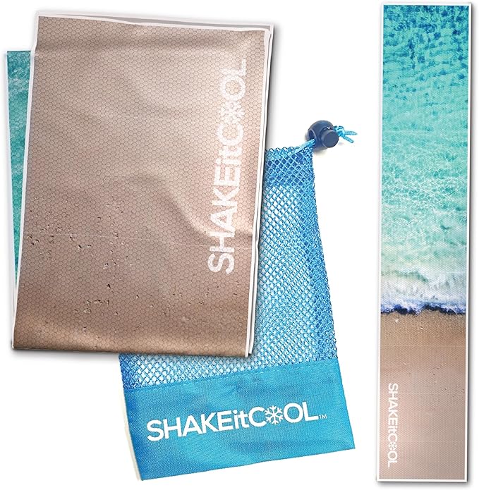 SHAKEitCOOL Original Cooling Towel โ Be Cool in Style - Heat Relief, Soft, Lightweight, Sun Protection, Easy Clean - Perfect for Biking, Running, Yoga, Gym, Gardening - Beach