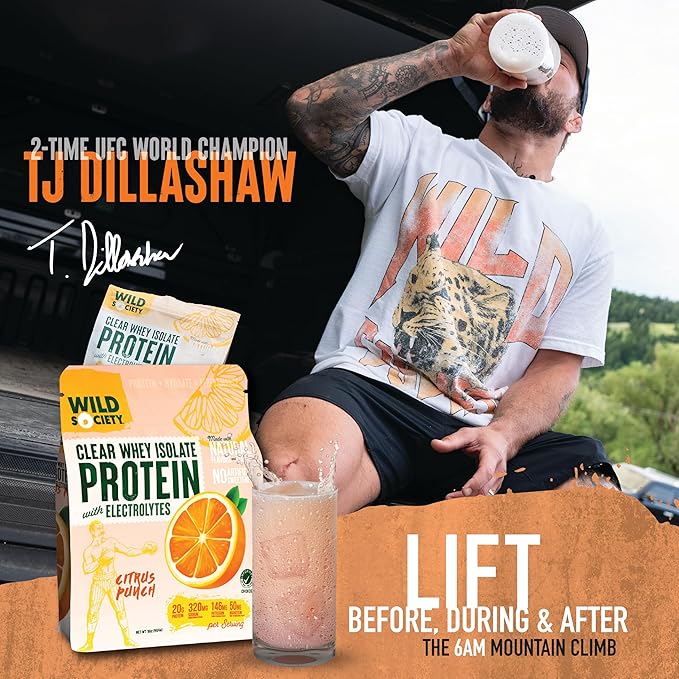WILD SOCIETY - Clear Whey Protein + Electrolytes - Refreshing Whey Protein Isolate Powder - 20g Protein, 0 Added Sugar, GMO-Free, Natural Flavors & Colors - Citrus Punch, 16 oz