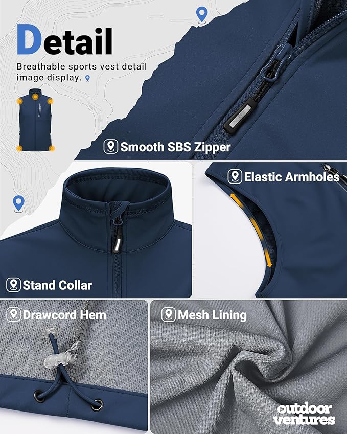 Outdoor Ventures Men's Windproof Softshell Vest Outerwear Lightweight Sleeveless Jacket for Running Golf Hiking Travel