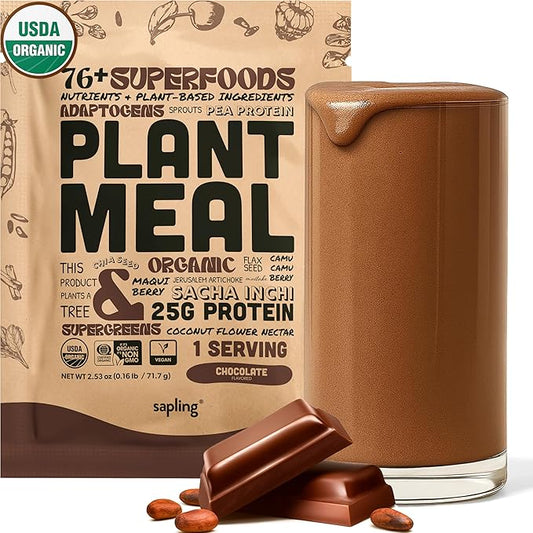 Plant Meal Replacement Shake - Chocolate - 25g of Plant Based Vegan Protein Powder, 76+ Organic Superfoods, Vitamins & Minerals, Mushrooms, Super Greens, Digestive Enzymes & Probiotics - 1 Serving