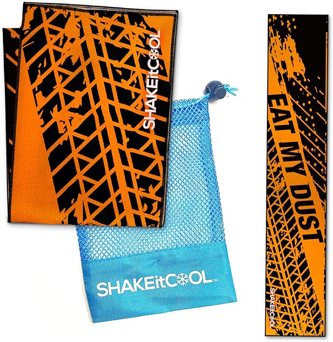 SHAKEitCOOL Original Cooling Towel โ Be Cool in Style - Heat Relief, Soft, Lightweight, Sun Protection, Easy Clean - Perfect for Biking, Running, Yoga, Gym, Gardening - Eat My Dust