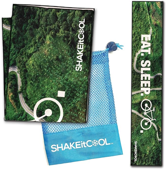 SHAKEitCOOL Original Cooling Towel โ Be Cool in Style - Heat Relief, Soft, Lightweight, Sun Protection, Easy Clean - Perfect for Biking, Running, Yoga, Gym, Gardening - Eat.Sleep.Bike