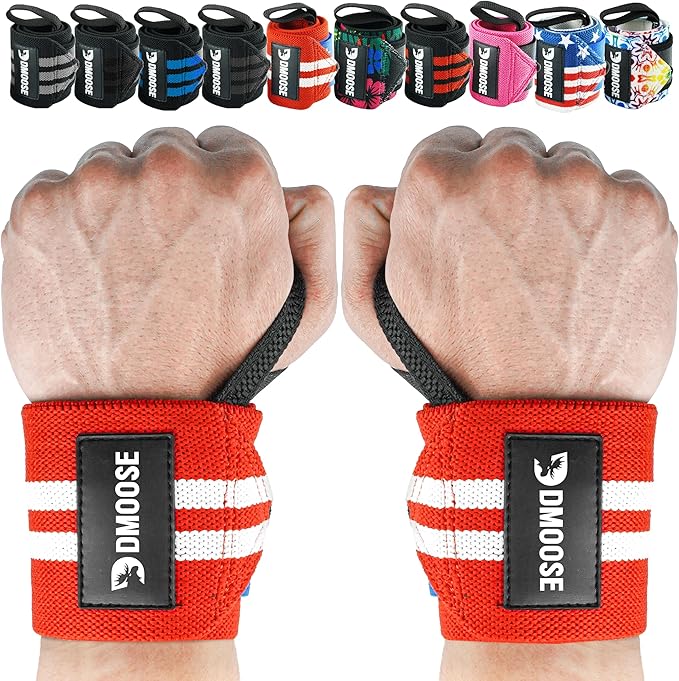 DMoose Fitness Wrist Wraps for Weightlifting 18" - Heavy Duty Gym Wrap with Hand Thumb Loop for Support & Pain Relief, USPA Approved Powerlifting, Weight Lifting Wrist Straps for Men & Women Work Out